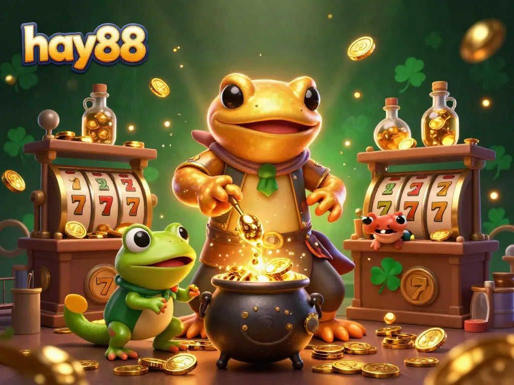 Experience thrilling gaming action at hay88 with vibrant scenes of slot machines and golden elements.