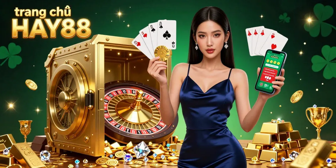 Experience the vibrant gameplay on trang chủ HAY88, featuring a confident woman with casino elements and gold treasures.