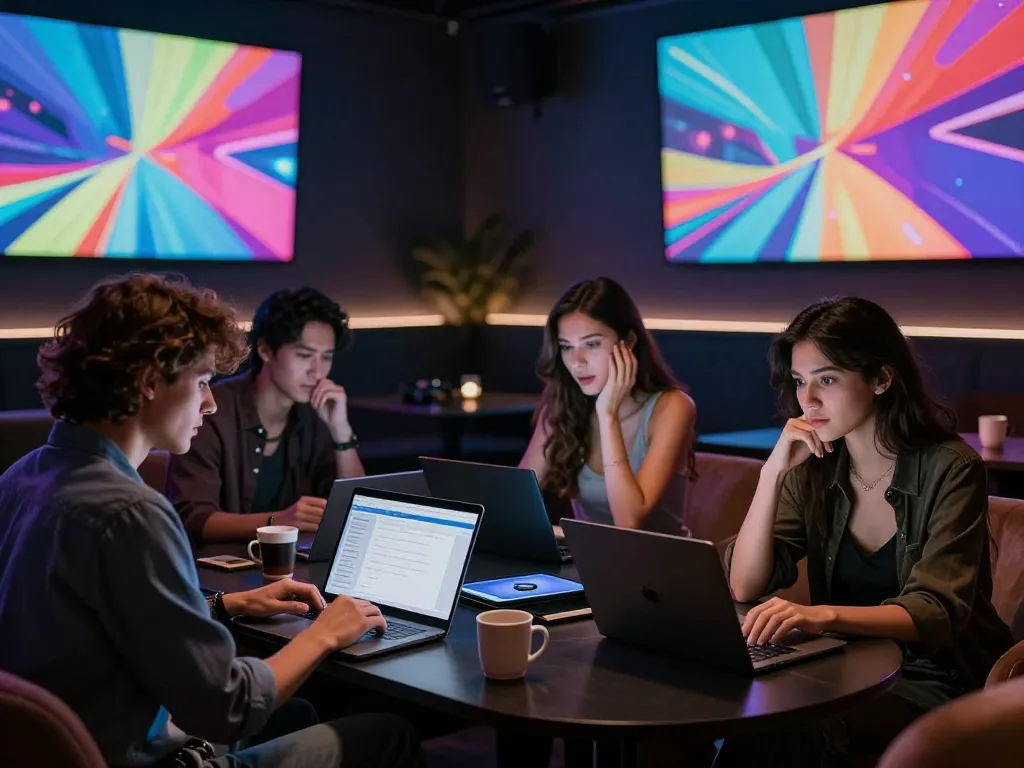 Individuals engaging with AI sex technology in a modern lounge, showcasing innovative digital adult entertainment.