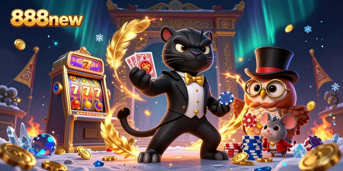 Win exciting games at 888new with a stylish panther dealing cards amid vibrant casino elements.
