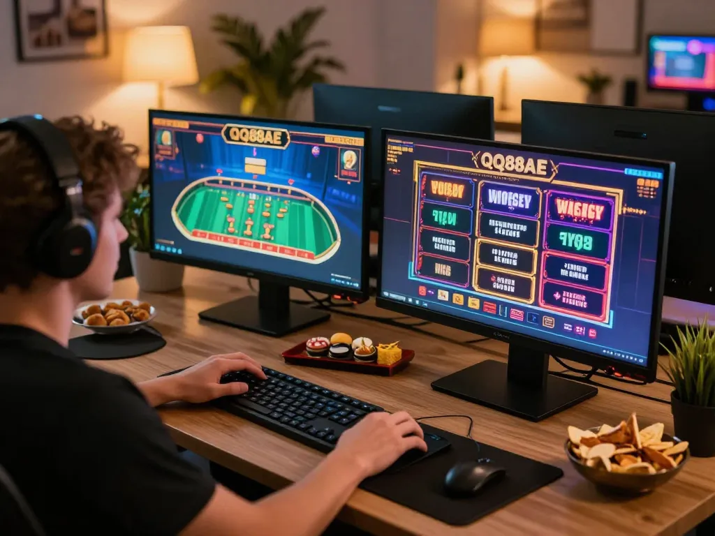 Engaged player at QQ88AE using dual screens for live dealer and slots, enjoying immersive online gaming experience