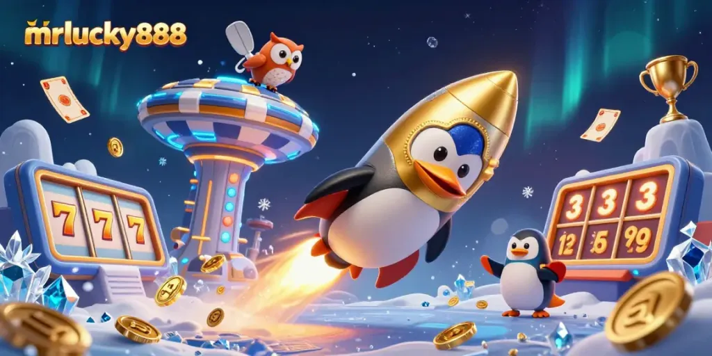 Experience gaming excitement with mrlucky888 as a golden penguin navigates through casino-themed space.