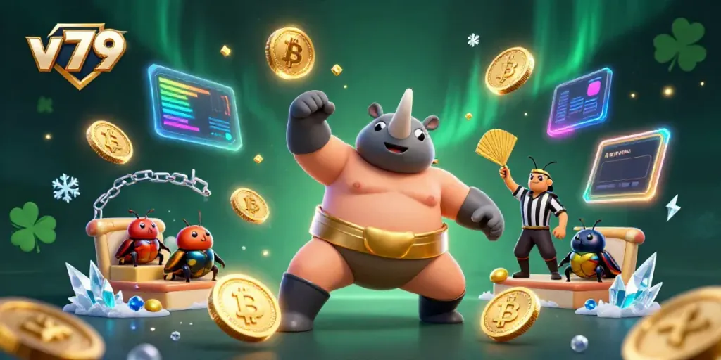 Experience the excitement of v 79 through vibrant 3D betting action with cartoon characters amidst dynamic casino elements.
