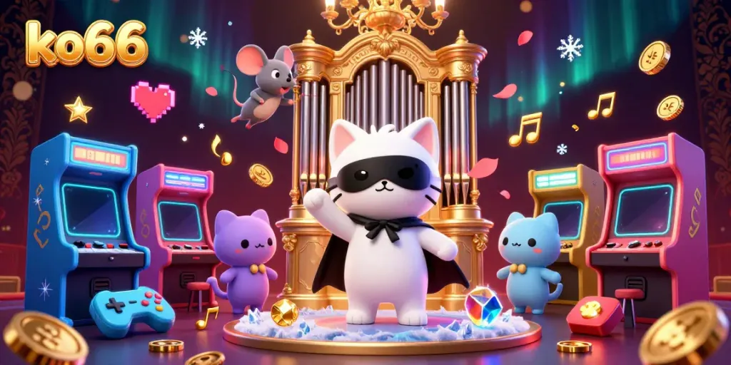 Experience thrilling gaming action with ko66 as a ghostly cat plays organ in a vibrant casino scene.