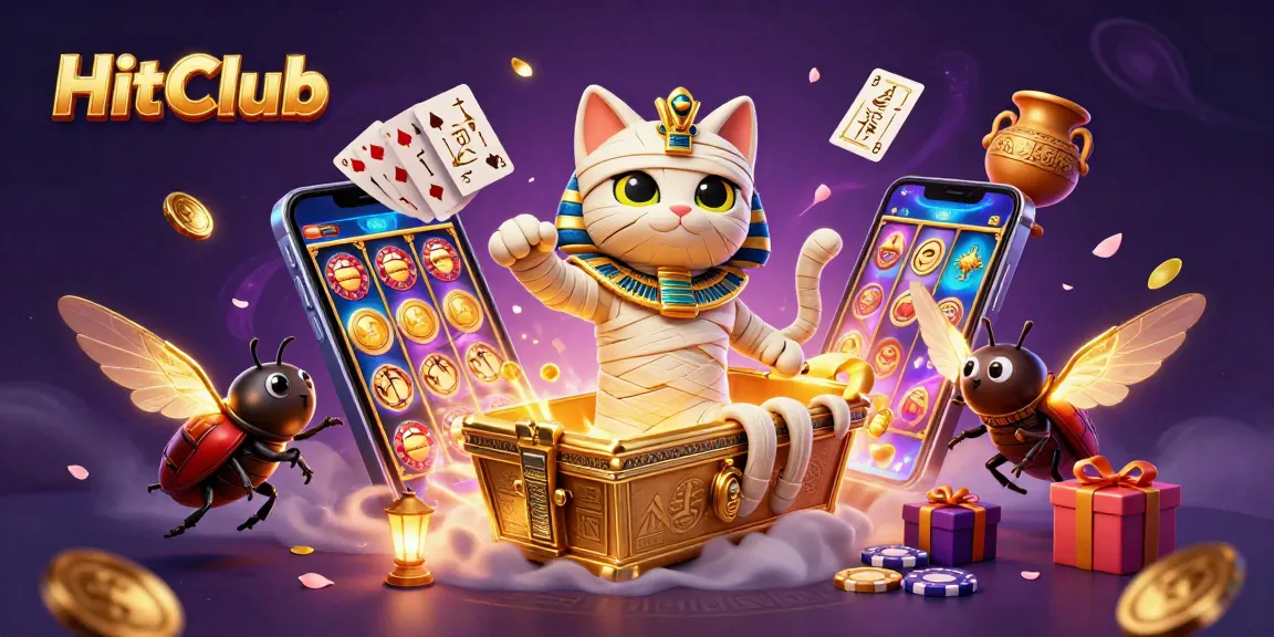 Play fun games at HitClub with an Egyptian mummy cat, golden coins, and vibrant slot action.
