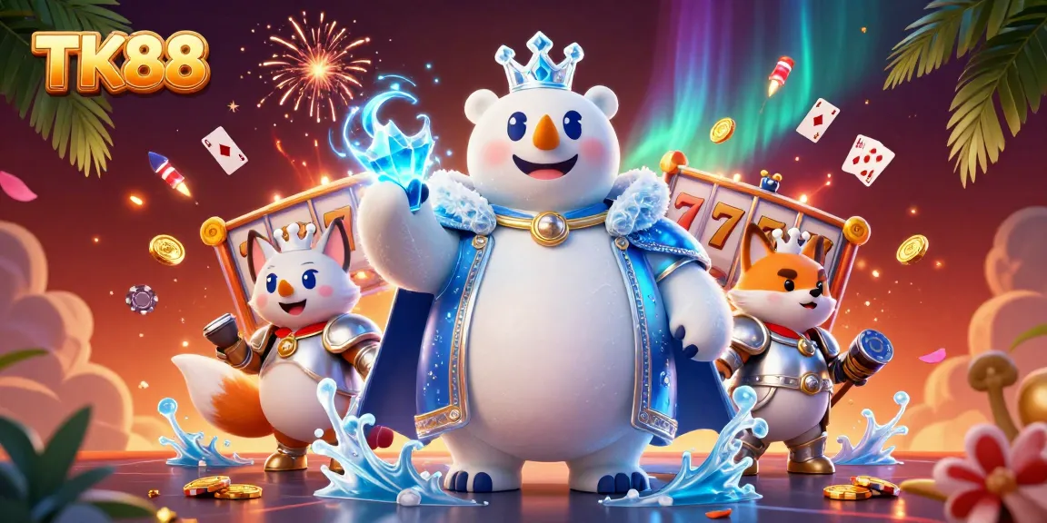 TK88 players engaging in a vibrant casino atmosphere with colorful slot reels and flying poker elements.