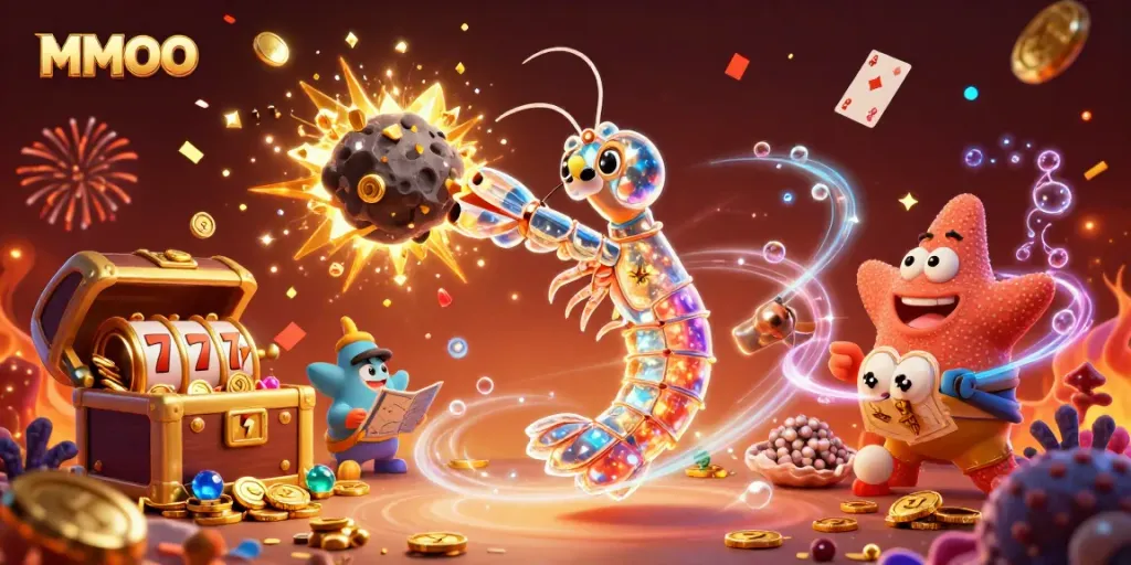 MMOO slots jackpot illustrated by a galactic samurai mantis shrimp amidst golden gems and vibrant casino elements.