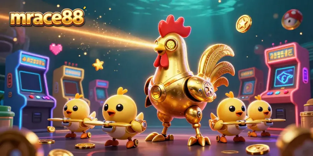 Experience mrace88’s dynamic casino scene with a golden rooster robot and chick drones among slot games.