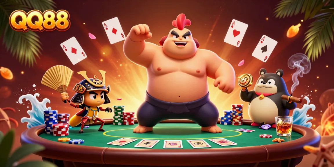 Engage in thrilling poker action at QQ88 with a dynamic sumo rooster and samurai cricket.