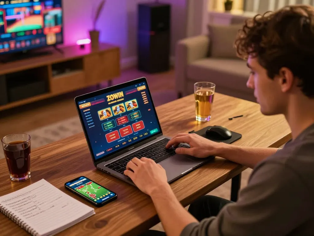 ZOWIN player engaged in online casino activity with laptop and smartphone, showcasing strategic betting.