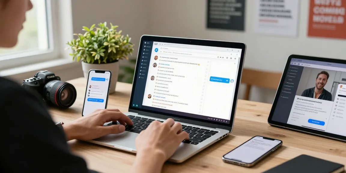 Using Telegram网页版 on a laptop with chat windows, modern workspace setup.