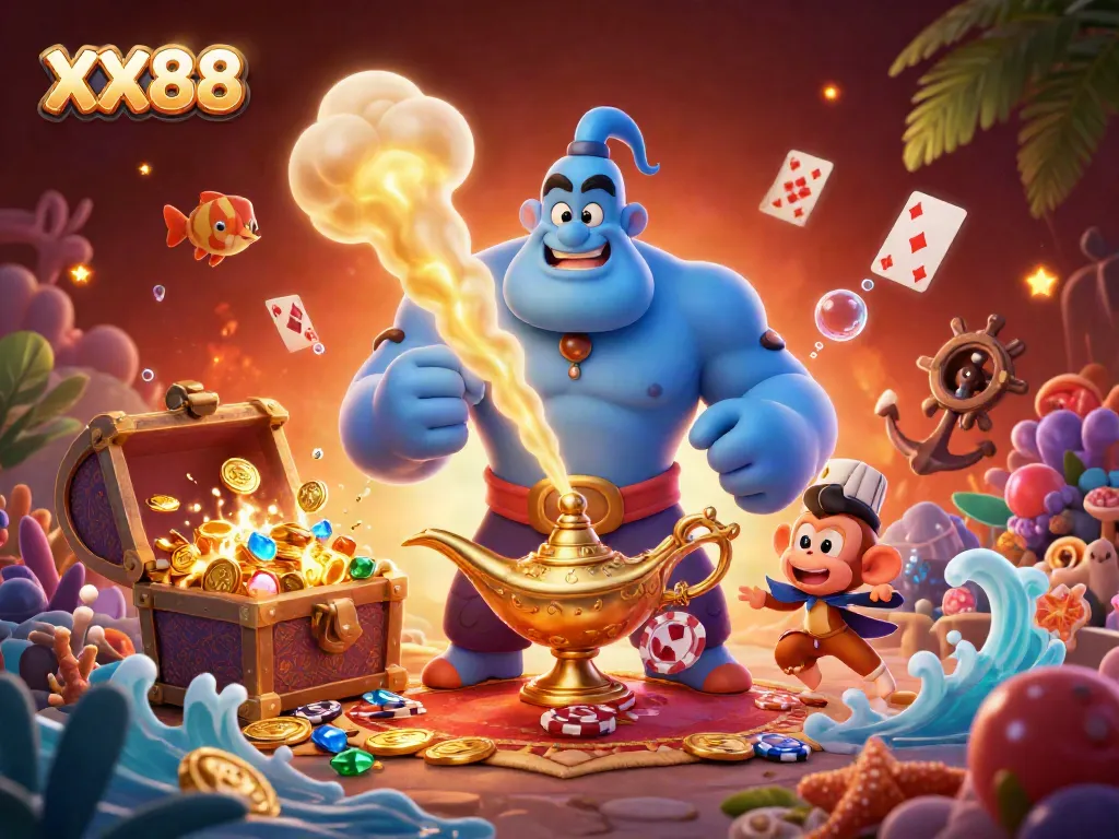 Experience thrilling gaming action with XX88 as a magical genie and monkey embark on a treasure adventure.