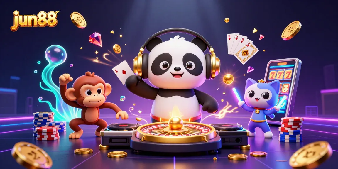 Experience thrilling entertainment at jun88 with a vibrant casino scene featuring a DJ panda and dynamic game elements.