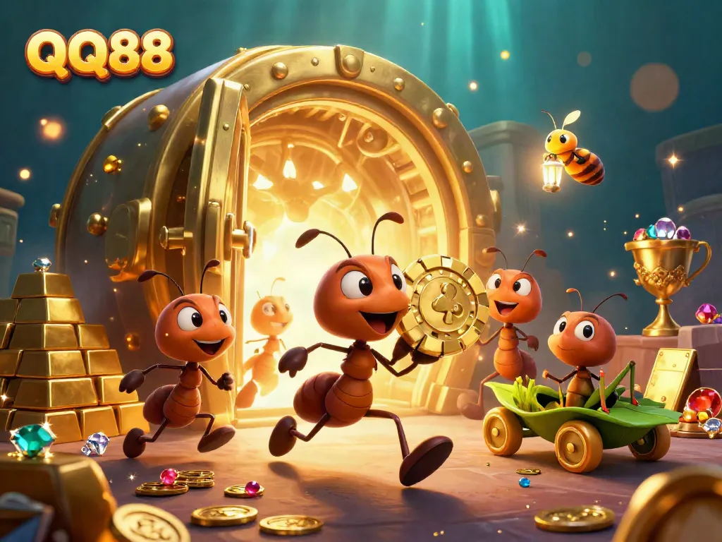 QQ88 stylized poker chip heist scene with ants and a grasshopper getaway driver in a rich casino atmosphere