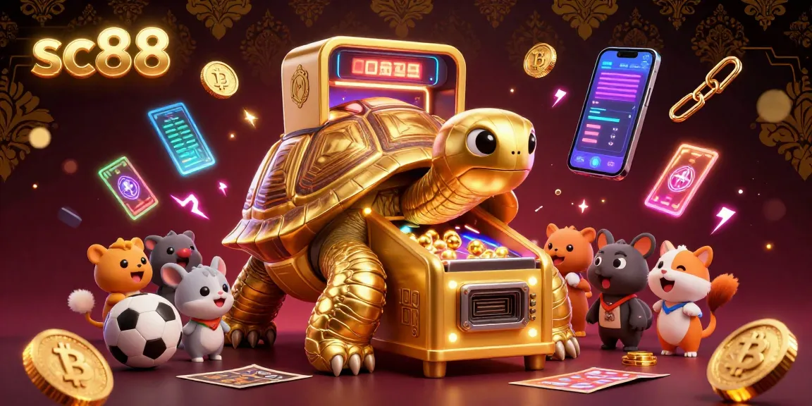 Engage with sc88's animated casino scene, featuring a golden tortoise pinball machine amidst exciting crypto elements.