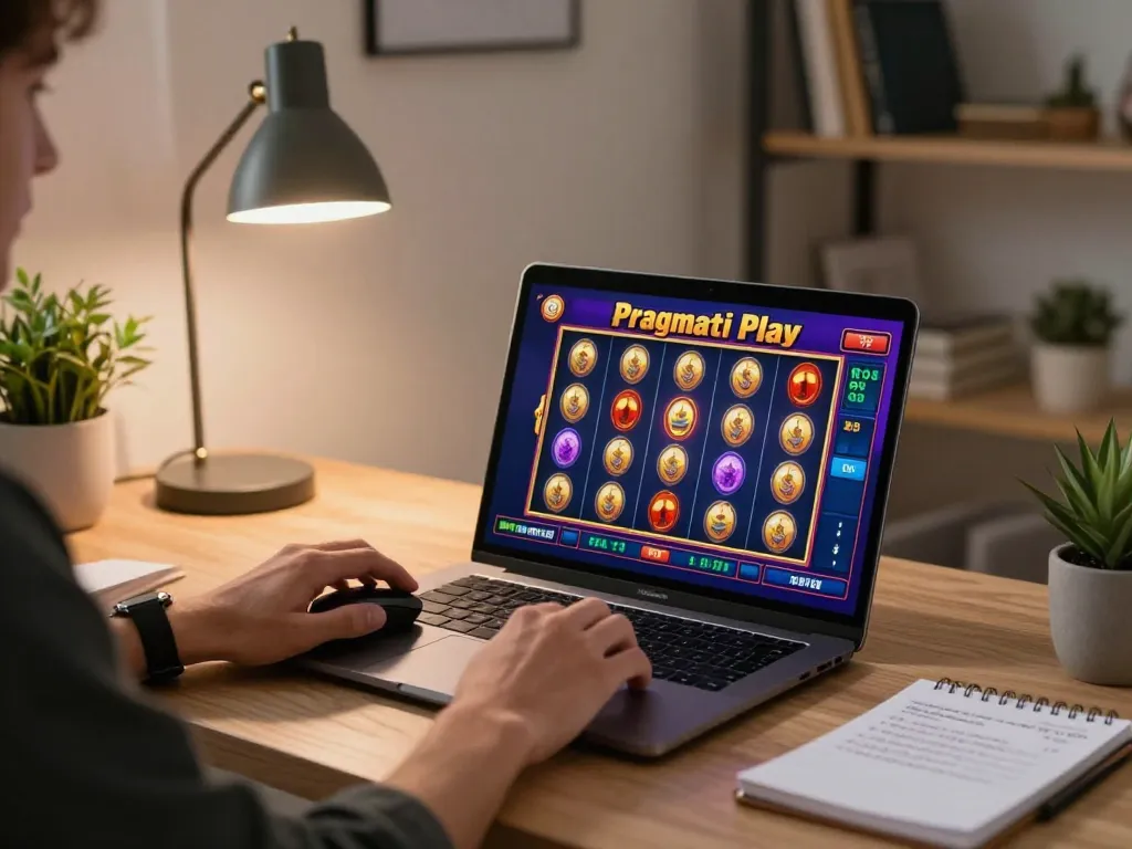 Engaged player enjoying Pragmati Play slot game on a laptop in a cozy home office setting