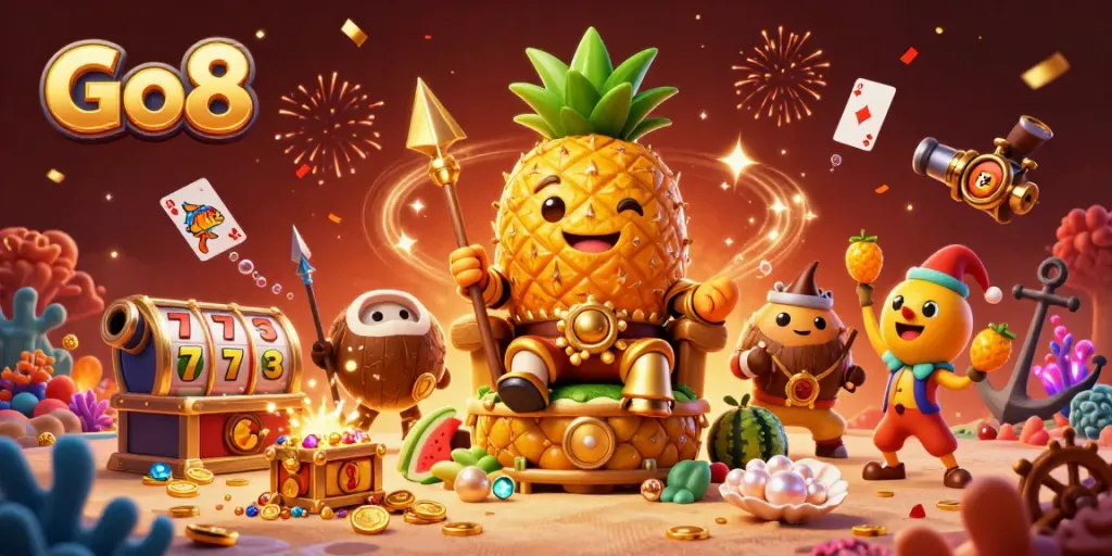 Go8 casino scene with golden pineapple king and vibrant slot elements for an engaging gaming experience.