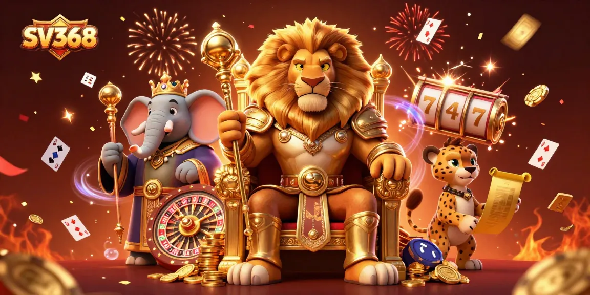 Experience thrilling gameplay with SV368 in a vibrant casino scene featuring a lion king and dynamic elements.