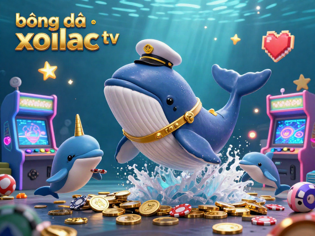 Engaging the audience with vibrant action at bóng đá trực tuyến xoilac tv, the illustration showcases playful dolphins and a wise whale in a sparkling sea of coins.