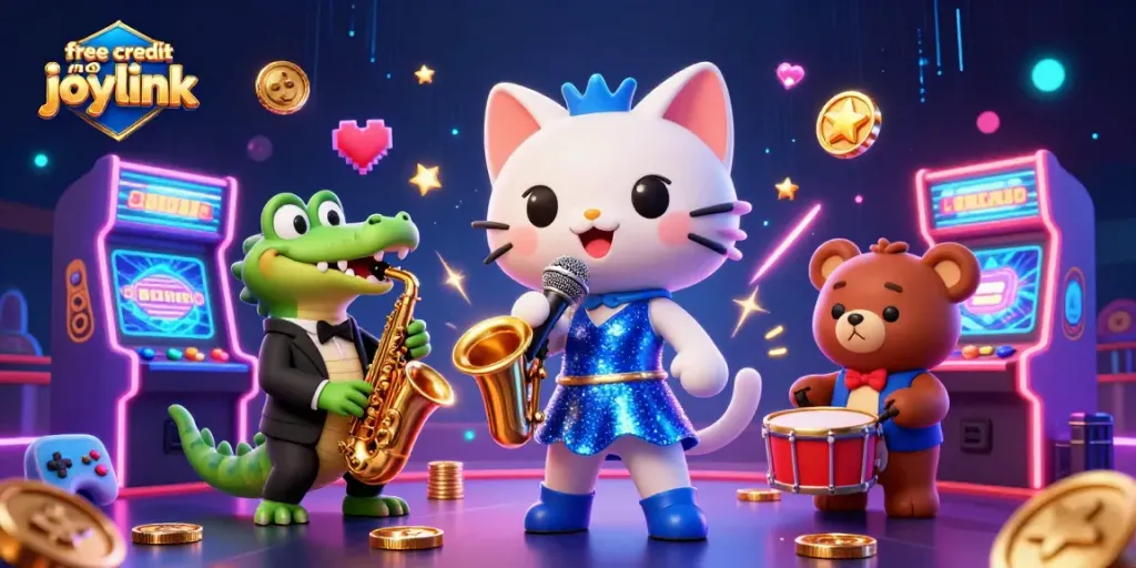 Engage with free credit no deposit joylink through a vibrant casino-themed illustration featuring lively characters.
