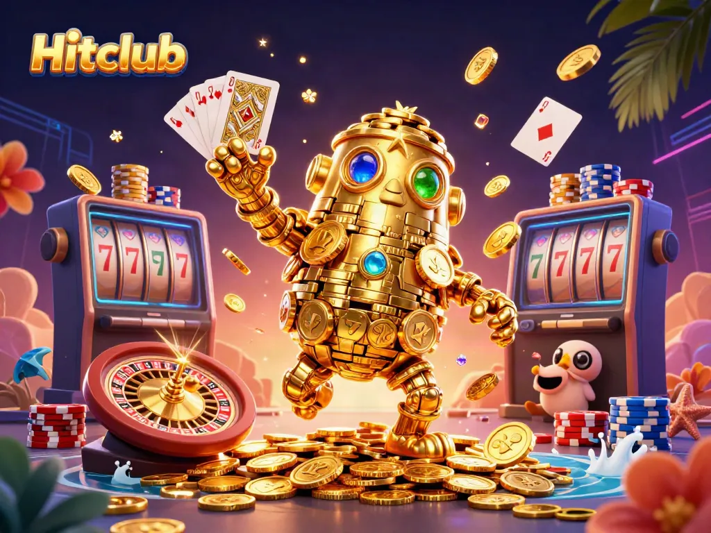 Hitclub’s cartoon golden golem surrounded by sparkling coins and a roulette wheel.