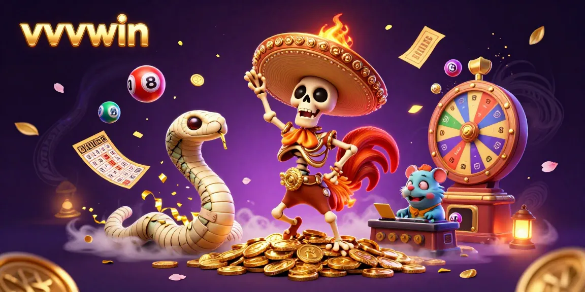 Experience the excitement of vvvwin with a lively 3D illustration of a victory dance amid vibrant gaming elements.