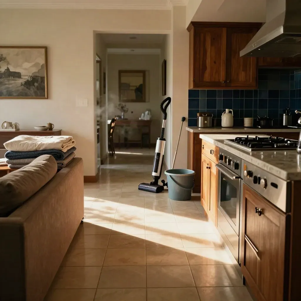 Ruang dapur dan ruang tamu rumah Malaysia yang bersih dengan vakum, baldi mop dan kaunter berkilat.
