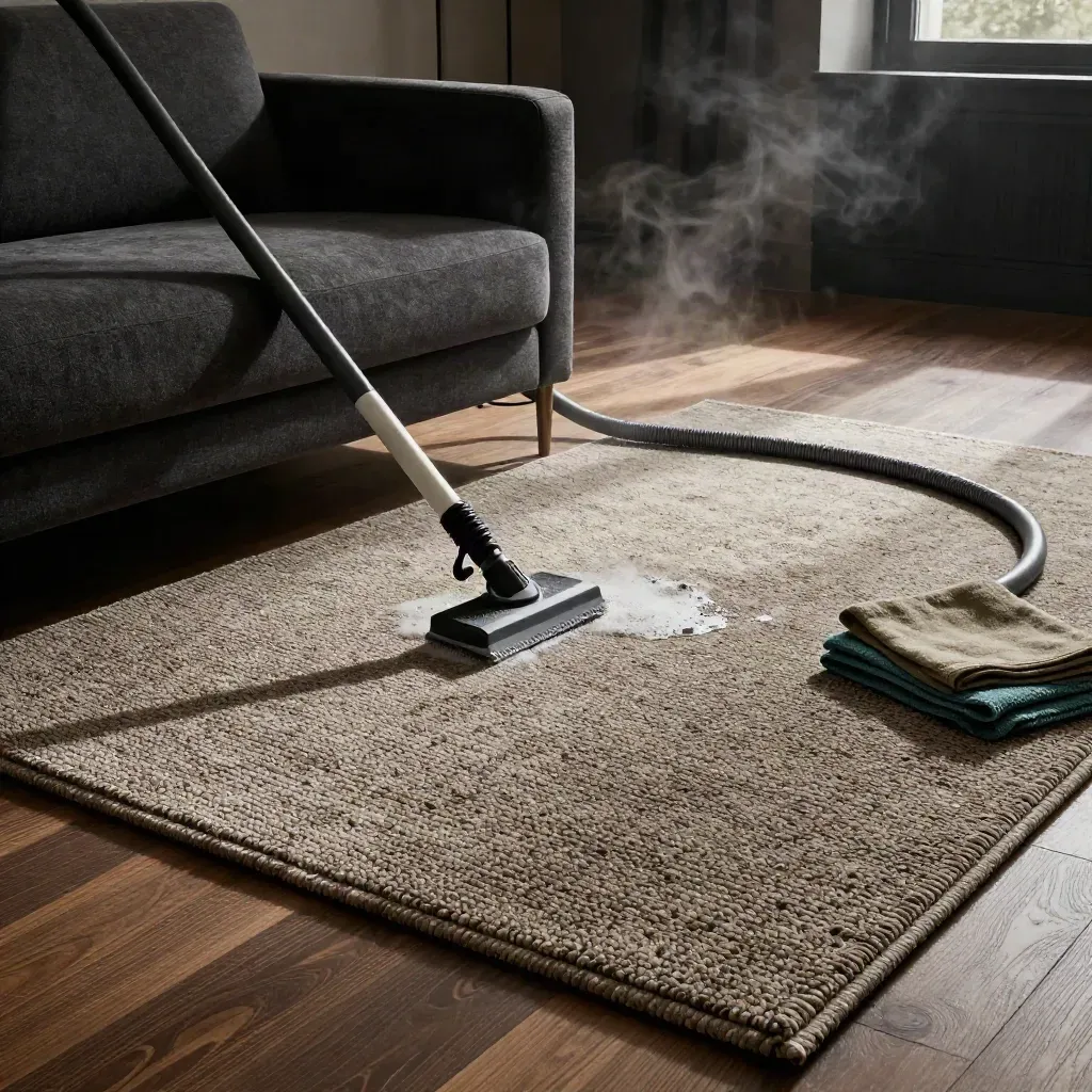 Sofa dan karpet yang baru dicuci dengan kepala mesin, hos dan tuala pengering.