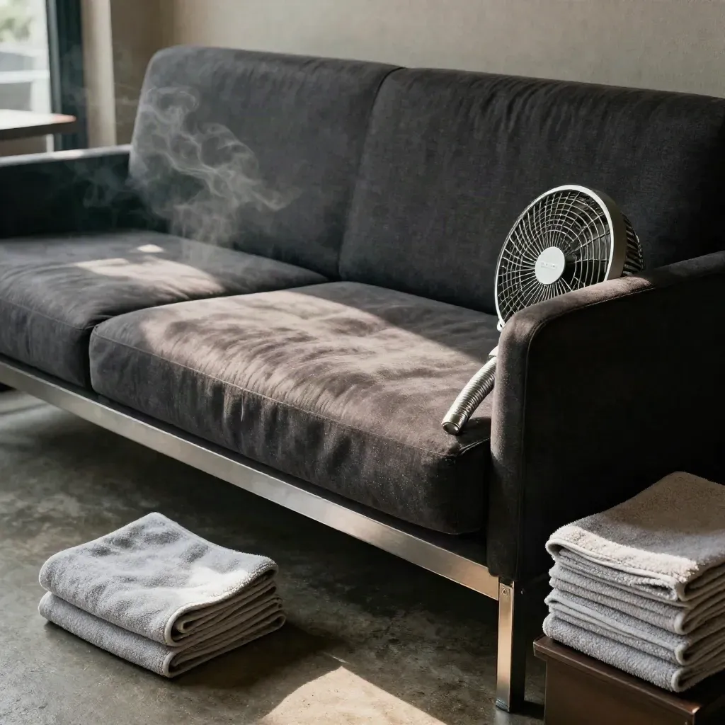 Sofa kafe charcoal yang baru dicuci dengan hos extractor, kipas pengering dan tuala berlipat.