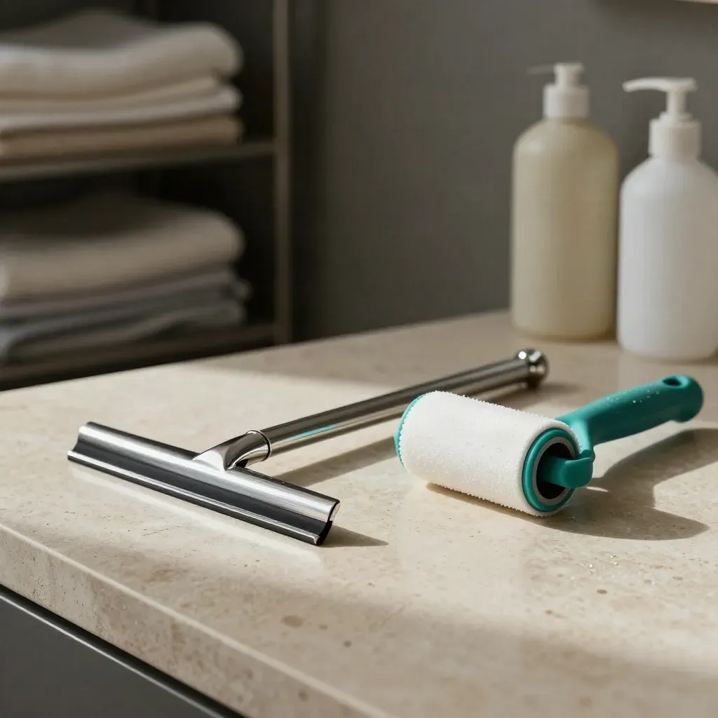 Susunan alat sedutan upholsteri, kepala squeegee dan lint roller di kaunter batu dengan cahaya lembut.