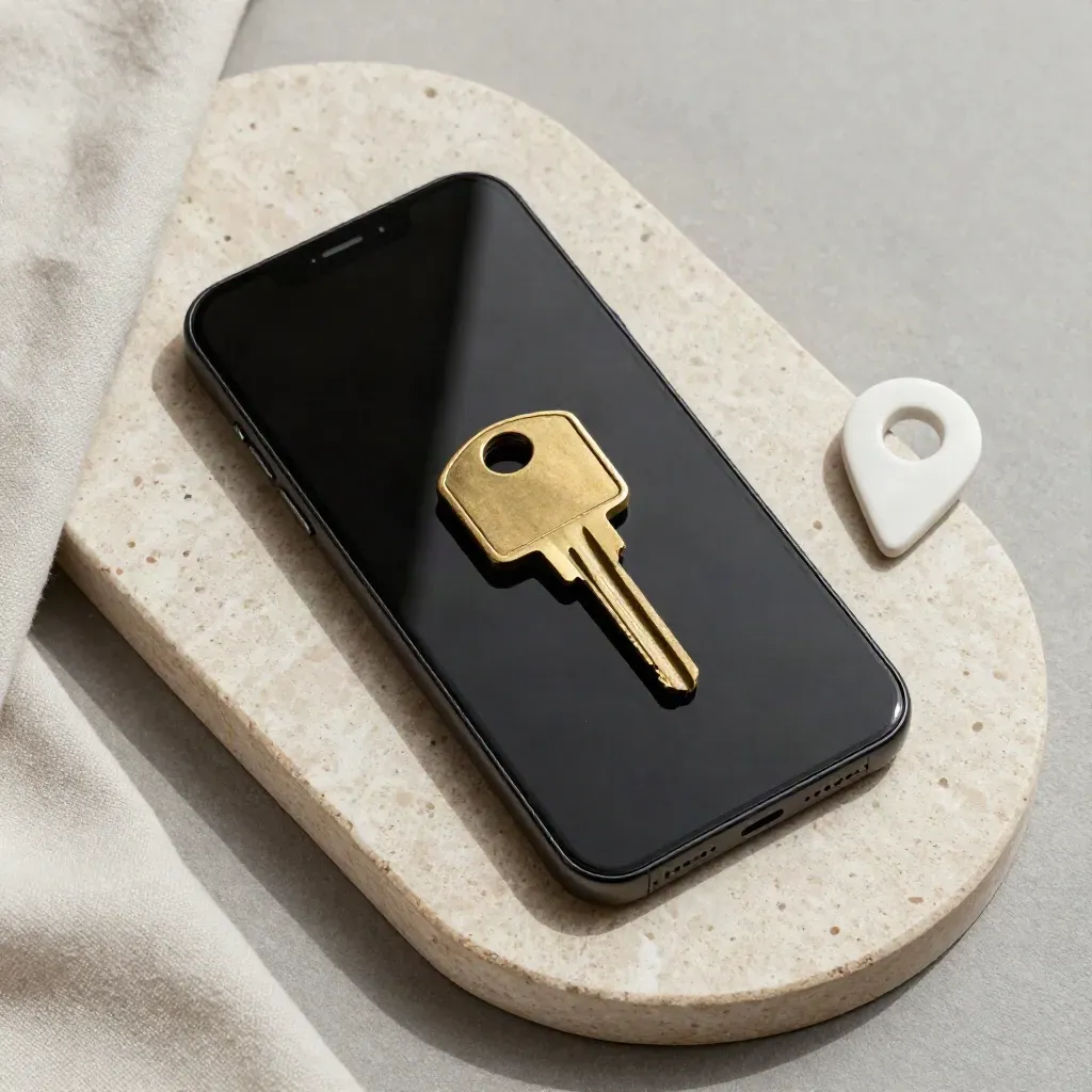 Telefon pintar hitam, kunci loyang dan token pin lokasi di atas dulang batu