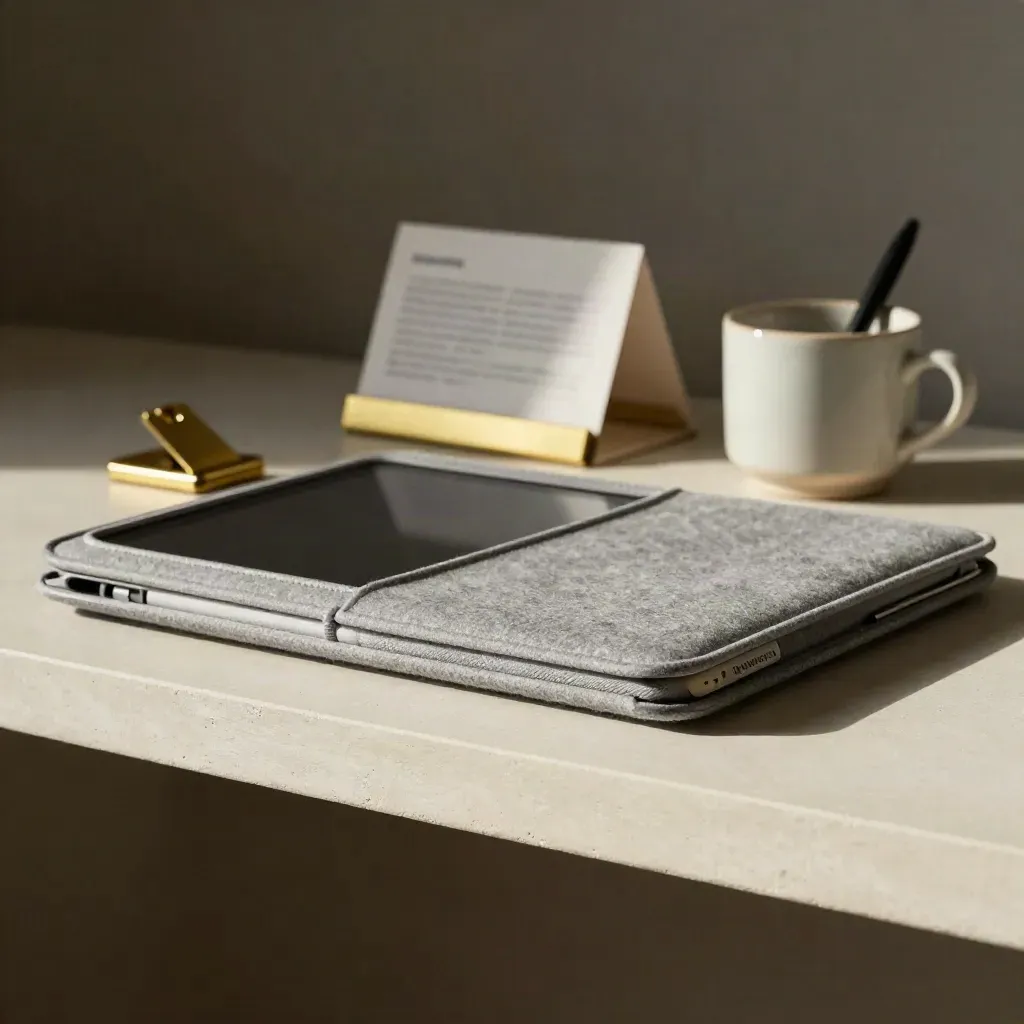 Tablet sleeve, klip tembaga dan bekas pen di rak plaster pucat, suasana kemas.