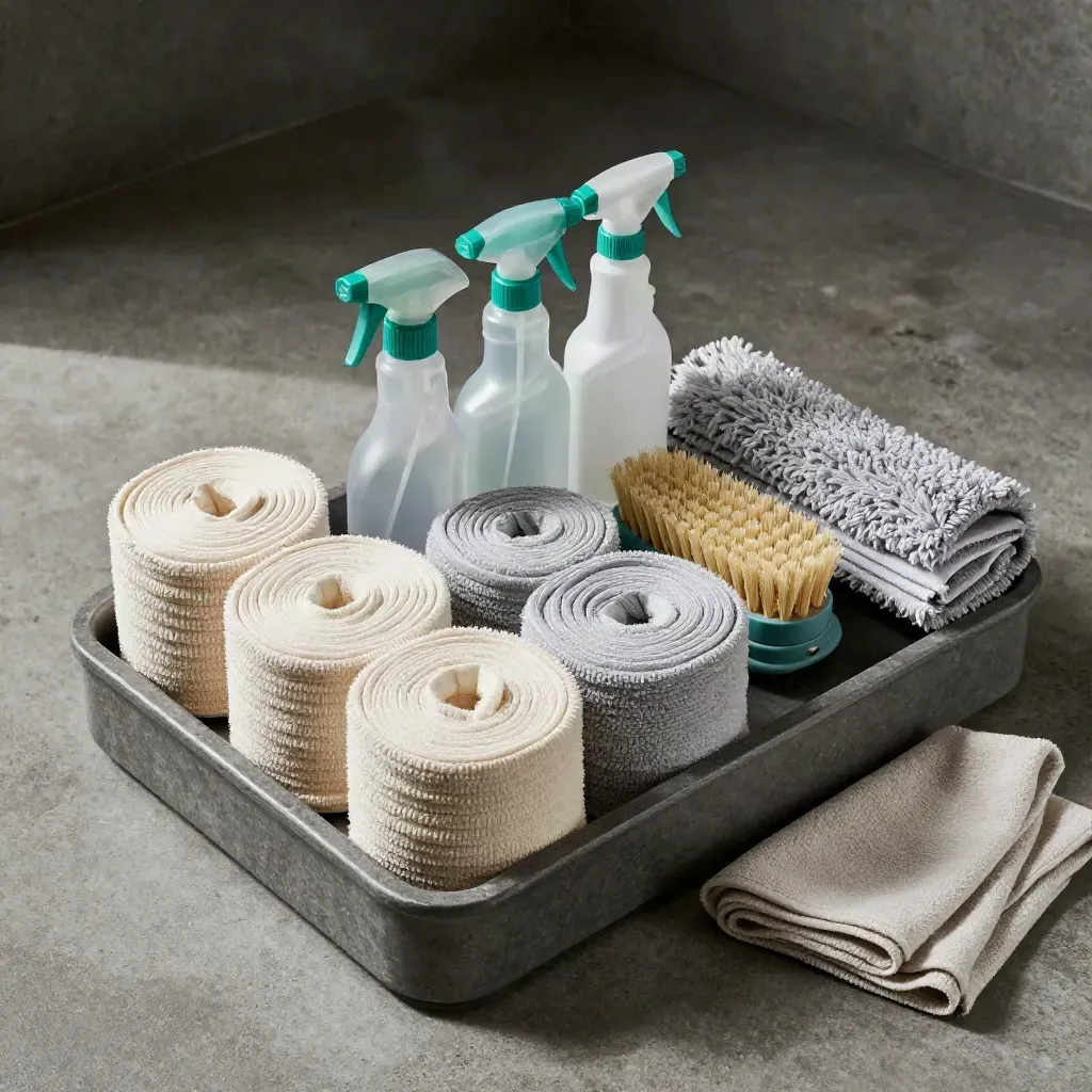 Caddy pembersihan berisi botol sembur, berus, kain mikrofiber dan mop di atas dulang batu.