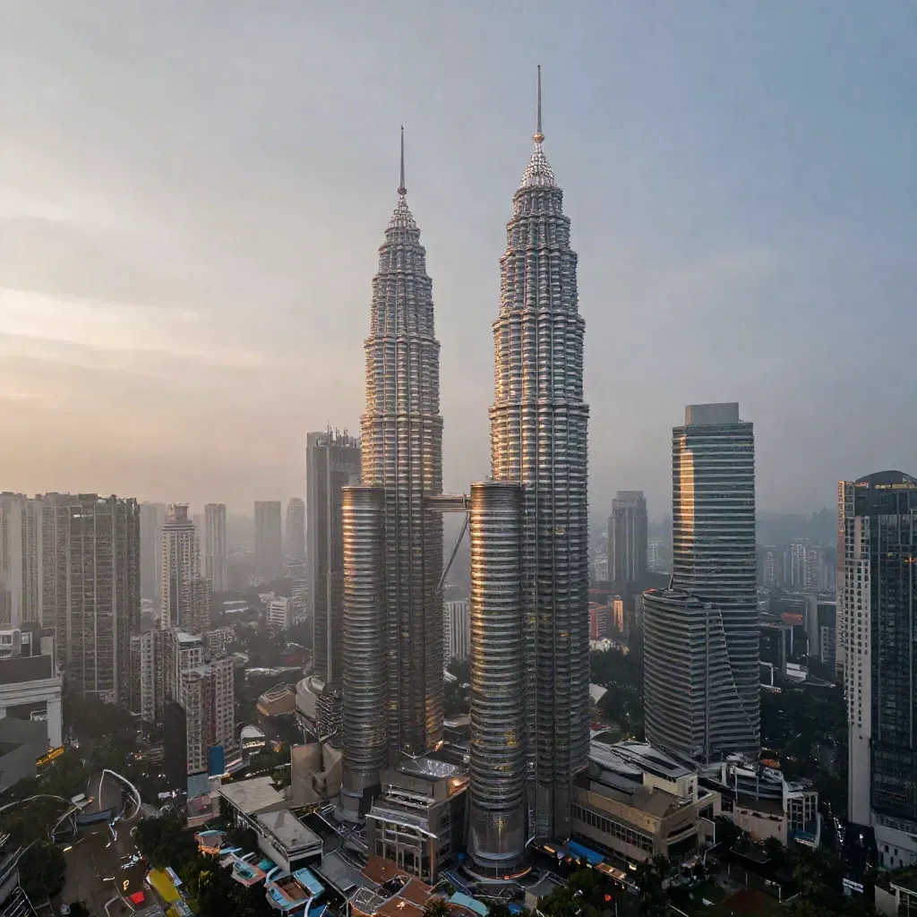 Garis langit Kuala Lumpur dengan Menara Petronas di atas kabus monsun waktu subuh.