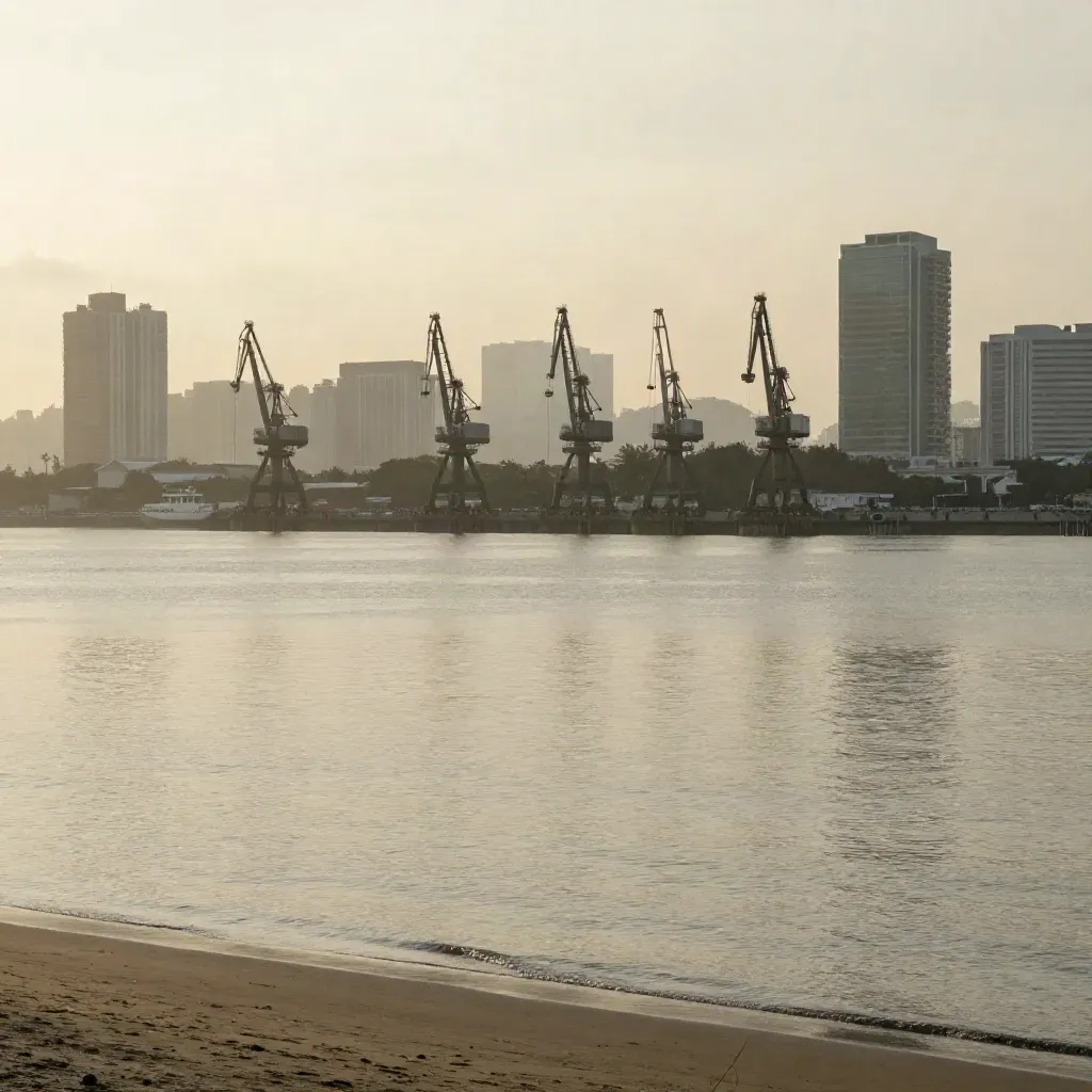 Pemandangan pagi berkabus di Johor Bahru dengan kren pelabuhan dan skyline pesisir.