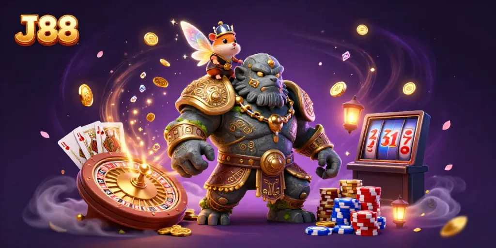 Experience the excitement at J 88 with magical characters amidst flying coins and vibrant casino elements.