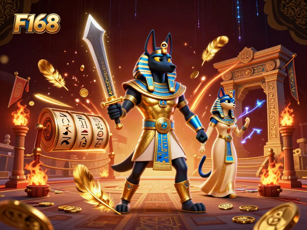 Experience thrilling action with F168 in a vibrant 3D casino illustration featuring Anubis and Bastet.