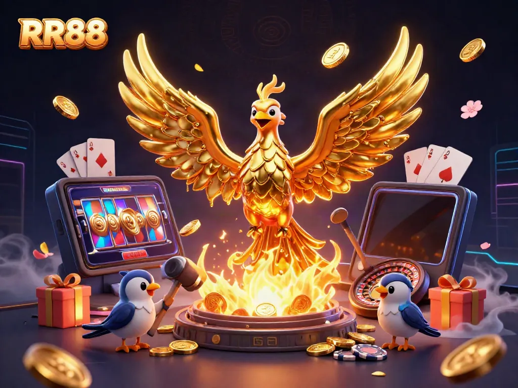 Players engage in exciting RR88 slot games with a golden phoenix and other dynamic elements.