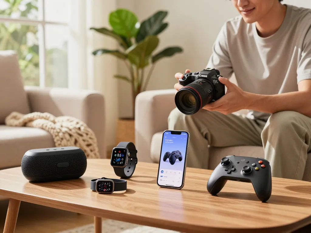Discover cool tech gadgets under $150, including a Bluetooth speaker and smartwatch, in a cozy home setting.