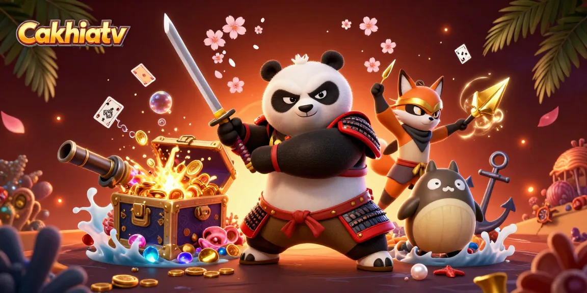 Cakhiatv showcases a vivid scene with a samurai panda, ninja fox, and tanuki amidst casino elements
