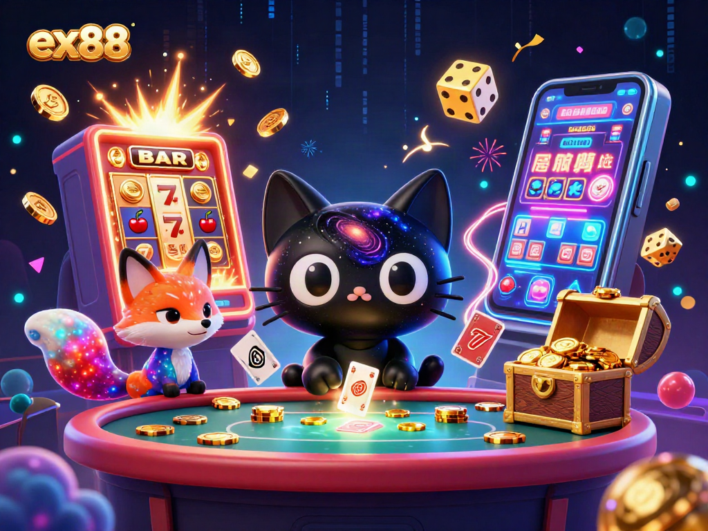 engage with ex88's cosmic casino, featuring a black hole cat and vibrant fox amidst dynamic gaming elements