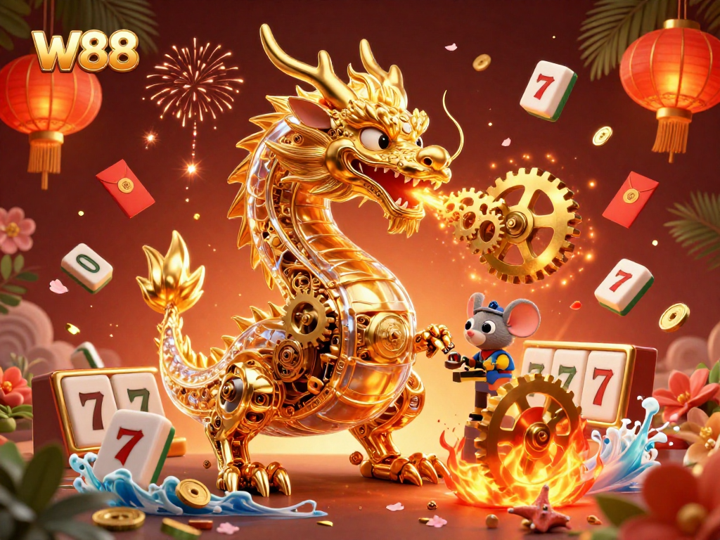 Experience thrilling gameplay at W88 with a dynamic 3D illustration featuring exciting casino elements.