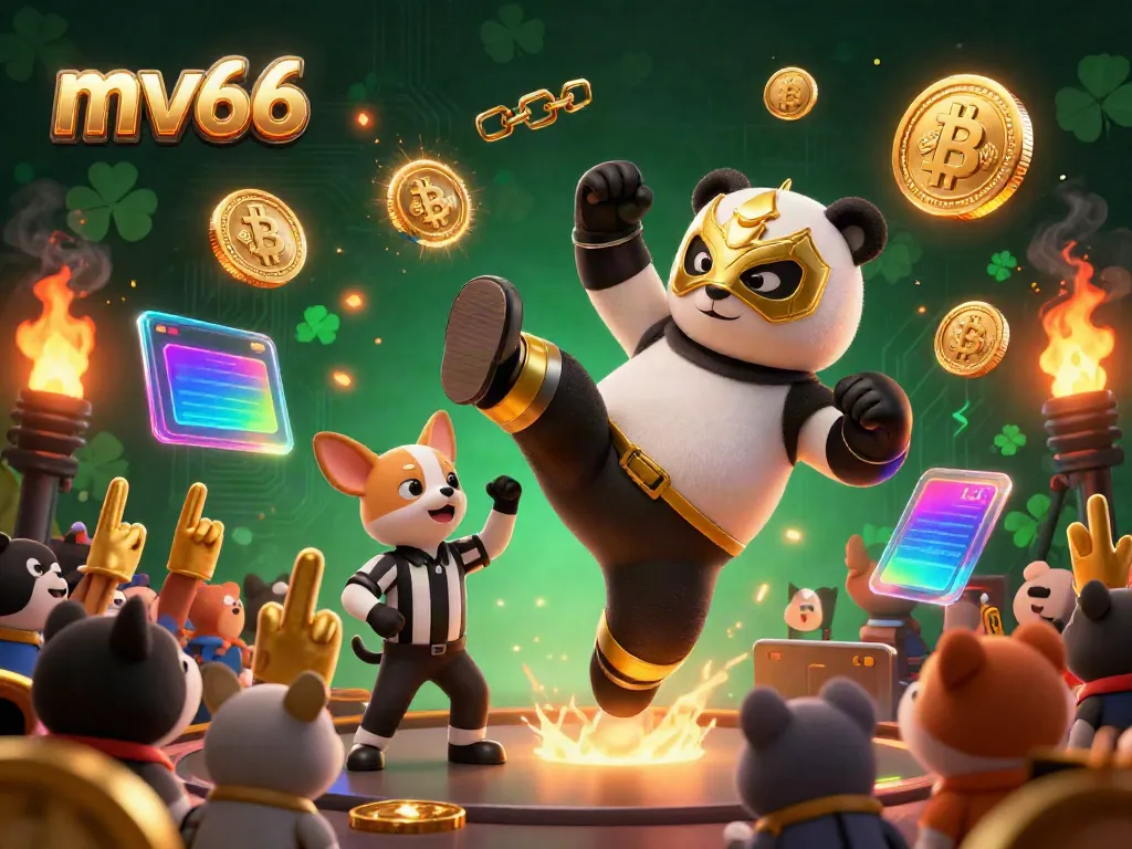 Experience the thrill of mv66 casino with a dynamic scene featuring a panda wrestler and vibrant cryptocurrency elements.