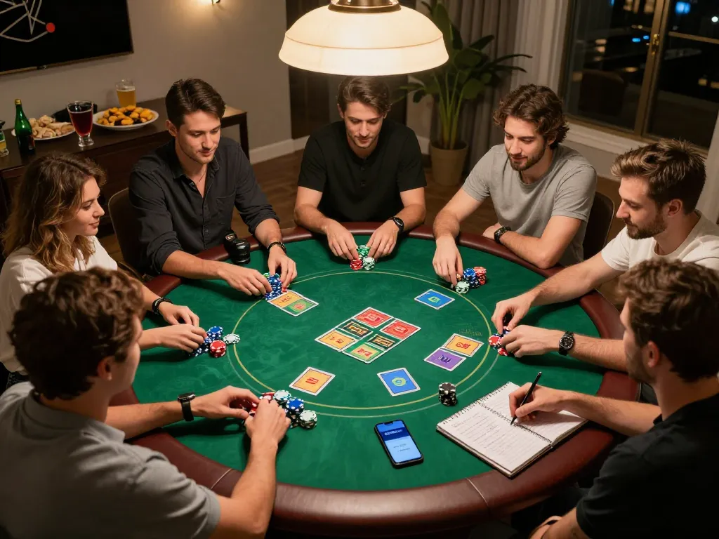 Friends enjoying a Texas Hold'em game at home with the Af88 com betting app displayed, capturing a lively poker night atmosphere.