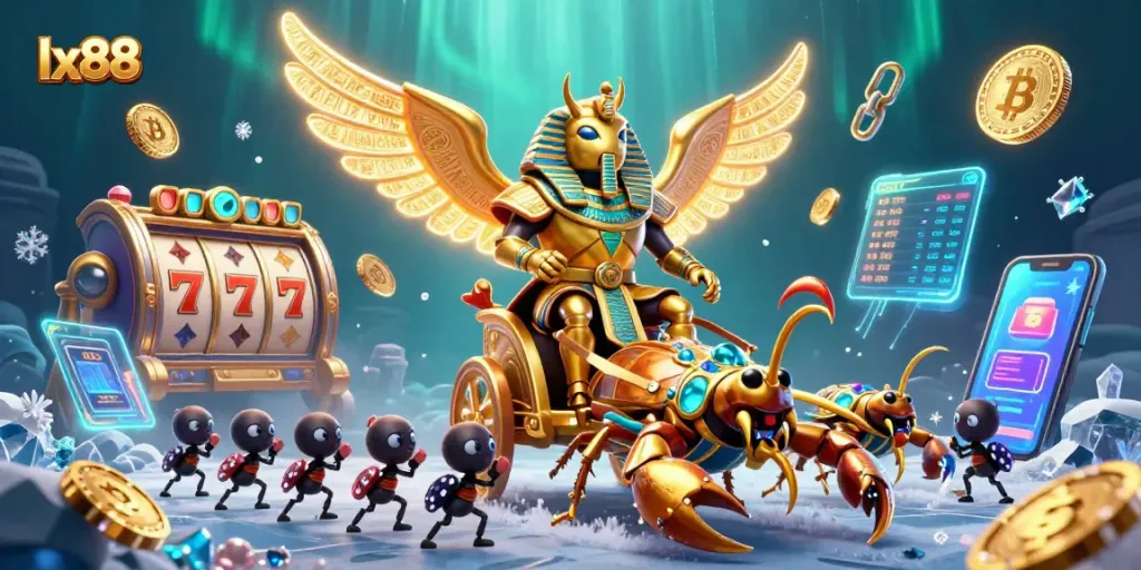Engage with lx88 as a colossal scarab beetle rides a chariot in a vibrant casino scene.