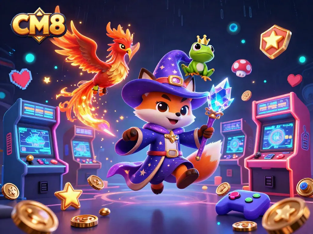 Experience the thrill of CM8 with vivid gaming and casino elements in a magical 3D scene.