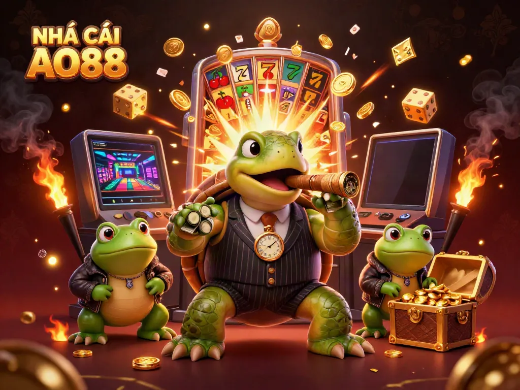 Experience thrilling gaming with NHÀ CÁI AO88’s vibrant 3D illustration of casino fun and lively characters.