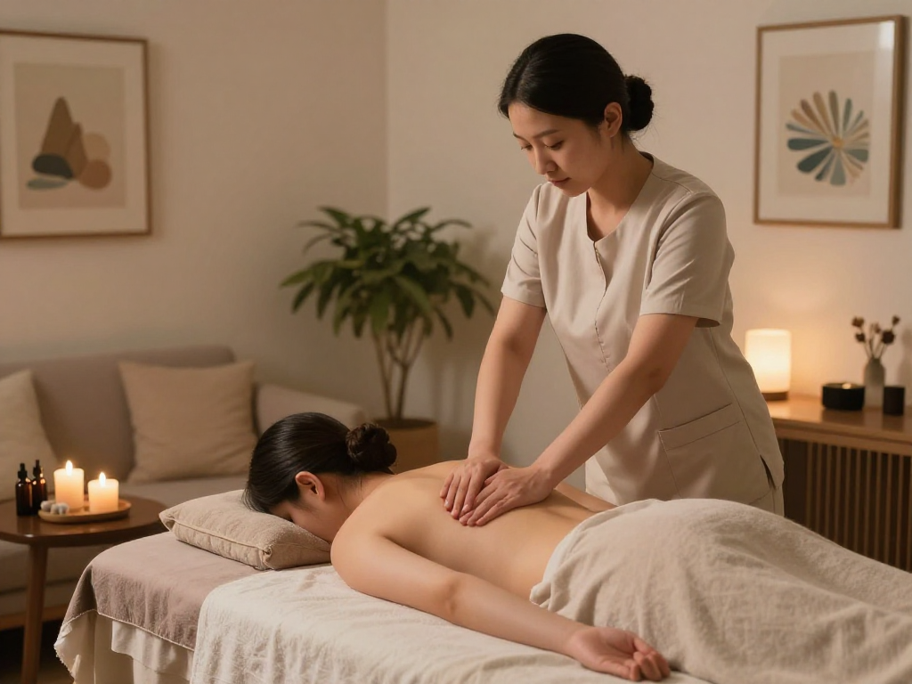 Professional therapist providing 출장마사지 with soothing oils in a tranquil setting.