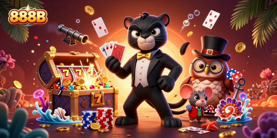 Engage in thrilling gameplay with 888B, featuring a panther dealer, owl, and lucky mouse in a casino-themed scene.