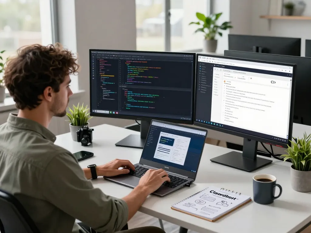 Developer using Clawdbot in a modern workspace with dual monitors and coding tools.